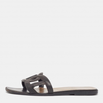 Pre Owned Hermes Black Leather Aloha Flat Slides Size 40