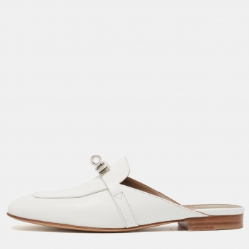 Pre Owned Hermes White Leather Oz Flat Mules Size 36.5