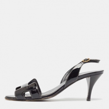 Pre Owned Hermes Black Patent Night Slingback Sandals Size 37.5