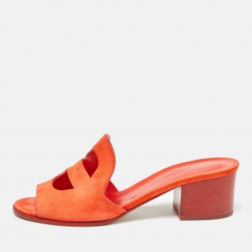 Pre Owned Hermes Orange Suede Mona Slide Sandals Size 37.5