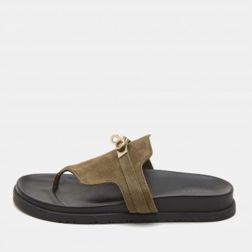Pre Owned Hermes Green Suede Empire Flat Slides Size 38.5