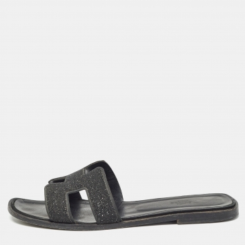 Pre Owned Hermes Black Glitter Oran Flat Slides Size 40