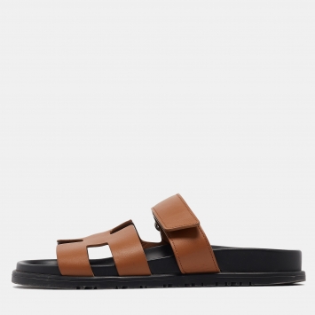 Pre Owned Hermes Tan Leather Chypre Slides Size 38.5
