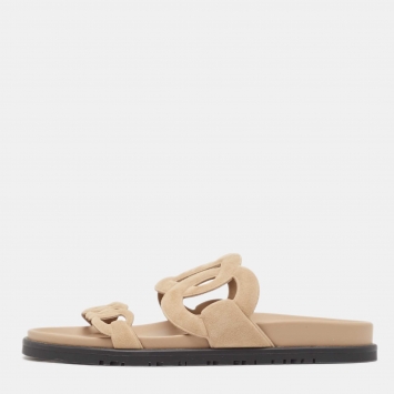 Pre Owned Hermes Light Brown Suede Extra Slides Size 38