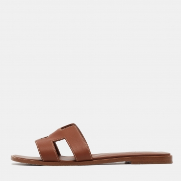 Pre Owned Hermes Brown Leather Oran Sandals Size 39
