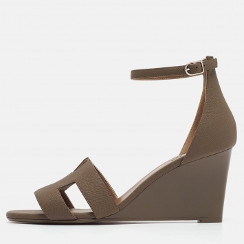 Pre Owned Hermes Brown Leather Legend Wedge Sandals Size 41