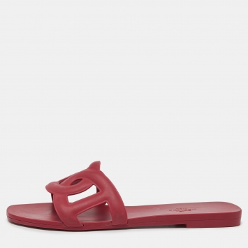 Pre Owned Hermes Red Rubber Aloha Flat Slides Size 39