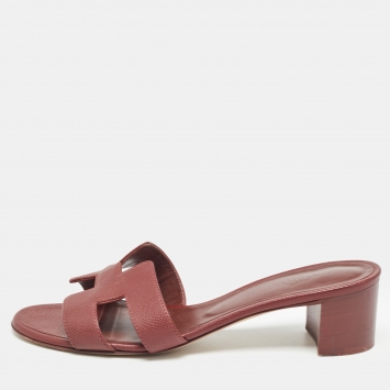 Pre Owned Hermes Burgundy Leather Oasis Slide Sandals Size 37.5 