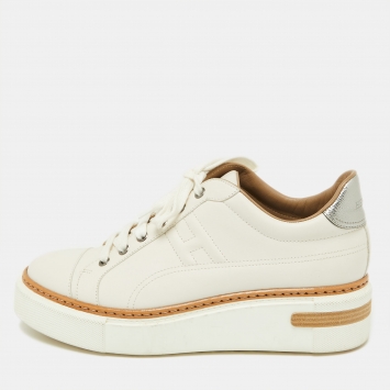 Pre Owned Hermès White/Silver Leather Trail Low Top Sneakers Size 39