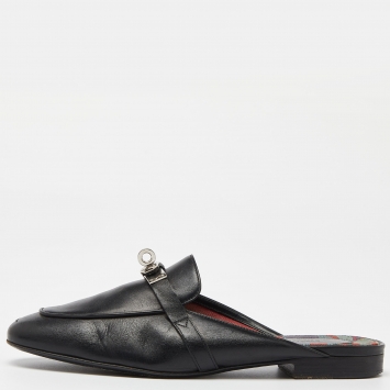 Pre Owned Hermes Black Leather Oz Flat Mules Size 37