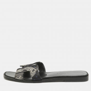 Pre Owned Hermes Black Printed Fabric Oran Flat Slides Size 35