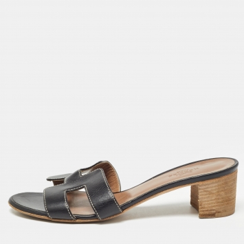Pre Owned Hermes Black Leather Oasis Slide Sandals Size 35