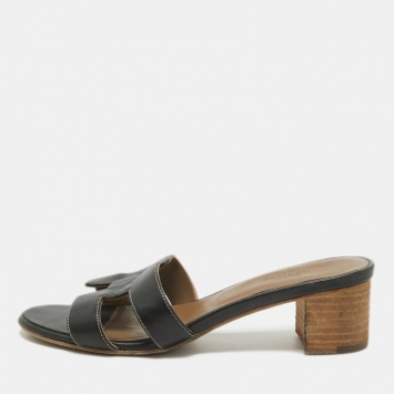 Pre Owned Hermes Black Leather Oasis Slide Sandals Size 36