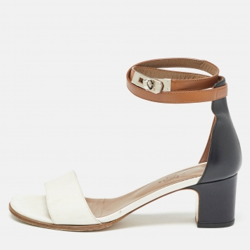 Pre Owned Hermes Tricolor Leather Manege Block Heel Ankle Strap Sandals Size 39