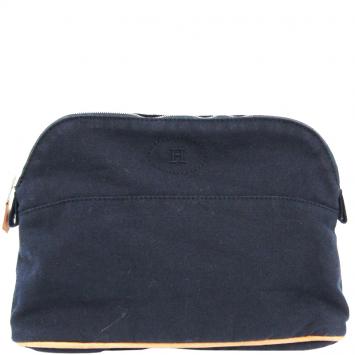 Pre Owned Hermes Navy Blue Cotton Medium Bolide Travel Case