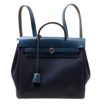 Pre Owned Hermes Denim Blue Fabric and Leather 2-in-1 Herbag Backpack
