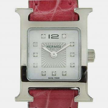 Pre Owned Hermes Silver Diamond Stainless Steel Heure H HH1.110 Quartz Women's Wristwatch 17 mm