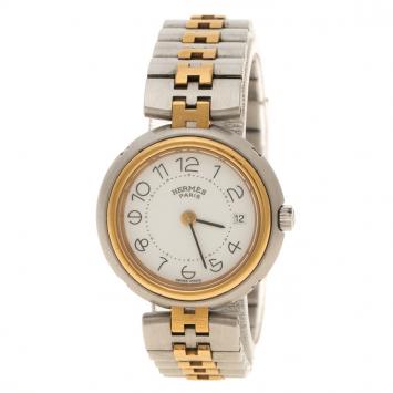 Pre Owned Hermes White Gold-Plated Stainless Steel Clipper Women's Wristwatch 25 mm