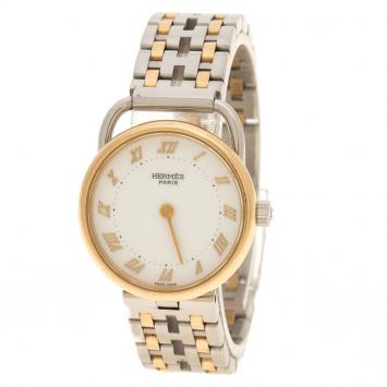 Pre Owned Hermes White 18K Yellow Gold Plated And Stainless Steel Arceau Women's Wristwatch 25 mm