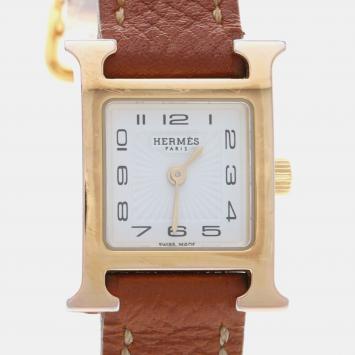 Pre Owned ساعة يد نسائية هيرمس H آوَر HH1.101 كوارتز مطلية بالذهب الأصفر من الفولاذ المقاوم للصدأ بيضاء 17.5 مم