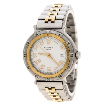 Pre Owned Hermes White Stainless Steel And Gold Tone Captain Nemo Women's Wristwatch 27 mm