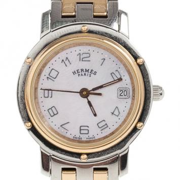 Pre Owned Hermes White Gold & Steel Clipper PM Women's Wristwatch 24MM