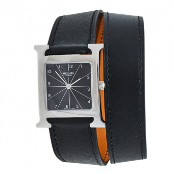 Pre Owned Hermès Black Stainless Steel Leather Wrap Heure H HH1.510 Women's Wristwatch 26 mm