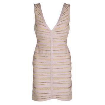 Pre Owned Herve Leger Bare Embellished Mesh Insert Sleeveless Eliza Dress L