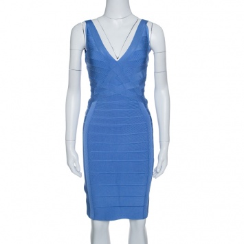 Pre Owned Herve Leger French Blue Sleeveless Bandage Dress S