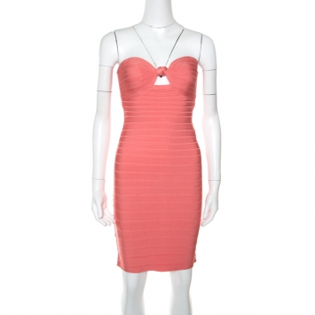 Pre Owned Herve Leger Coral Pink Strapless Arabella Bandage Dress S