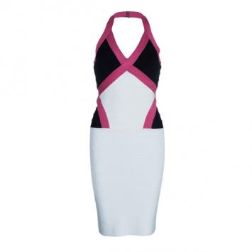 Pre Owned Herve Leger Andie Halterneck Multicolor Bandage Dress M