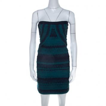 Pre Owned Herve Leger Deep Teal Knit Strapless Lesly Bandage Dress L