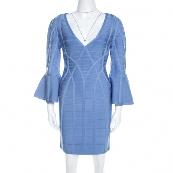 Pre Owned Herve Leger Blue Knit Bell Sleeve Yasmine Bandage Dress M