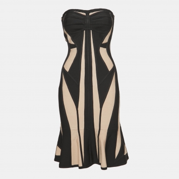 Pre Owned Herve Leger Beige/Black Knit Strapless Bodycon Dress M