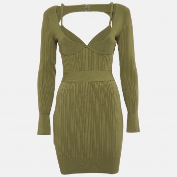 Pre Owned Herve Leger Green Rib Knit Cut-Out Mini Bandage Dress S
