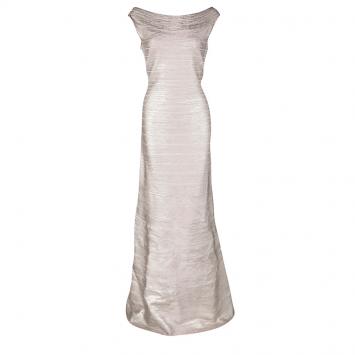 Pre Owned Herve Leger Foil Printed Rose Gold Knit Sophia Bandage Mermaid Gown L