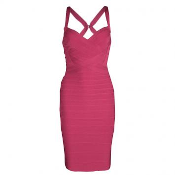 Pre Owned Herve Leger Pink Cross Back Detail Bright Rose Bandage Dress XS