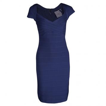Pre Owned Herve Leger Blue Knit Racquel Signature Bandage Dress M