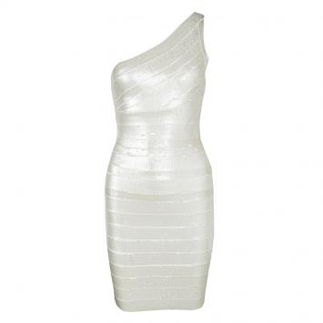 Pre Owned Herve Leger Alabaster One Shoulder Pauline Sequined Bandage Dress XS