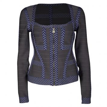Pre Owned Herve Leger Grey Contrast Trim Zip Front Sol Bandage Jacket M