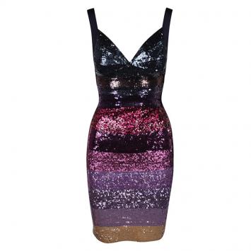 Pre Owned Herve Leger Purple Tone Sequin Embellished Bandage Dress S