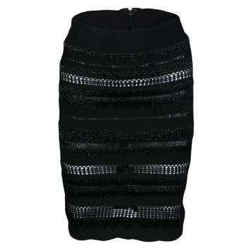 Pre Owned Herve Leger Black Embellished Perforated Pencil Skirt XS