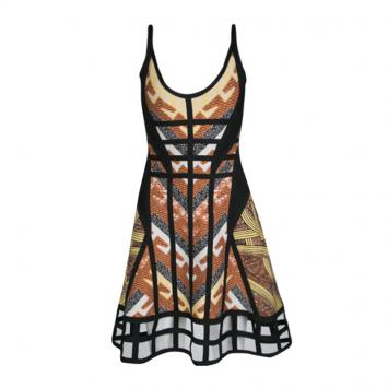 Pre Owned Herve Leger Autumn Combo Amella Tribal Jacquard Caged Cut Skater Dress S 