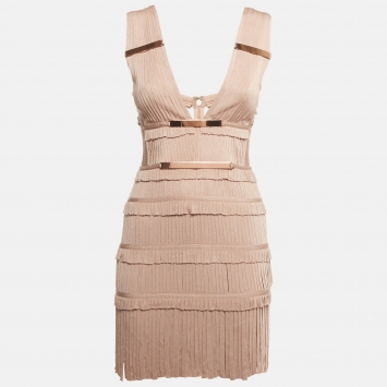 Pre Owned Herve Leger Dusty Pink Bandage Knit Plunge Neck Fringe Mini Dress XS