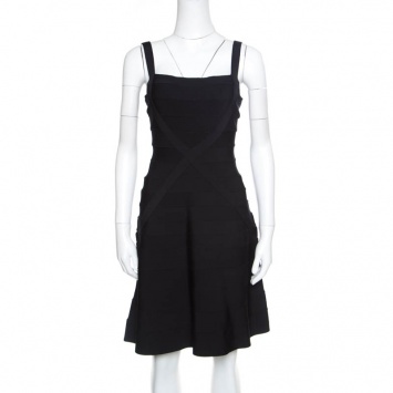 Pre Owned Herve Leger Black Knit Sleeveless A Line Faith Novelty Essentials Dress M