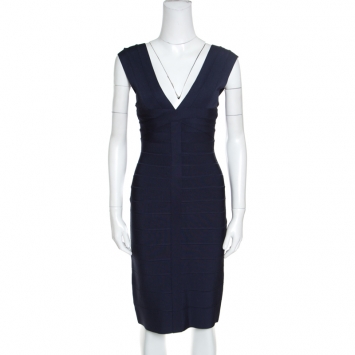 Pre Owned Herve Leger Night Blue V Neck Elise Bandage Dress S