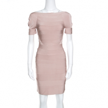 Pre Owned Herve Leger Roseblush Pink Cold Shoulder Bandage Dress S