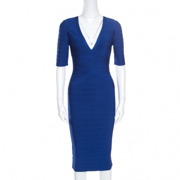 Pre Owned Herve Leger Cobalt Blue Plunge Neck Cybil Bandage Dress S