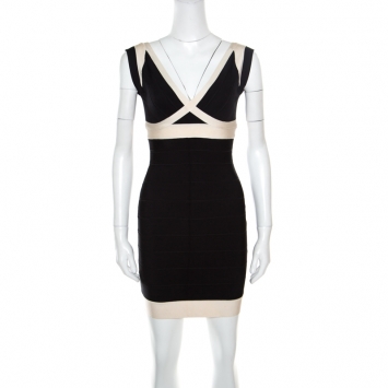 Pre Owned Herve Leger Black and Cream Plunge Neck Detail Sleeveless Ilia Bandage Dress S