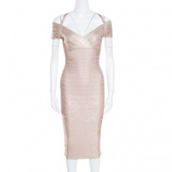 Pre Owned Herve Leger Rose Gold Woodgrain Foil Bodycon Kelis Dress S